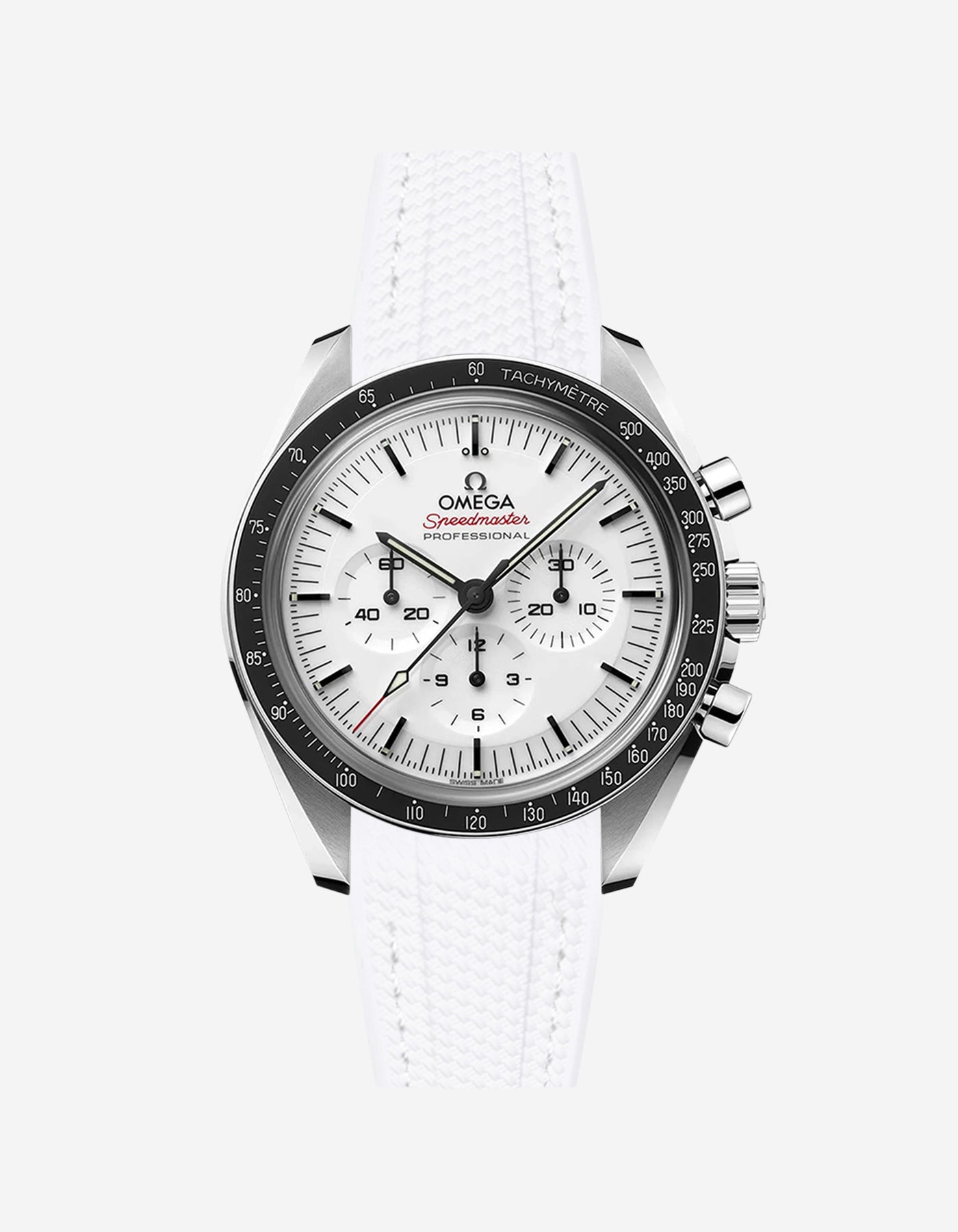 Omega Speedmaster watch with white vertech rubbber watch strap from Wristbuddys and white dial on a white background