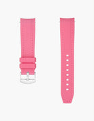 Pink watch strap with silver buckle on a white background