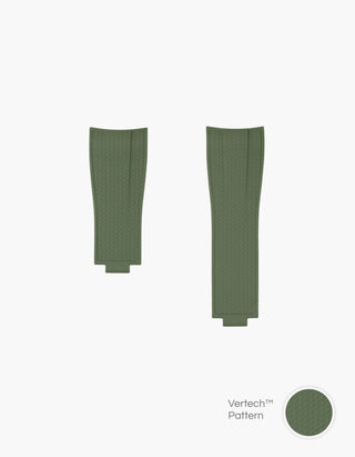 Green vertech FKM Rubber watch Strap from Wristbuddys with an Integrated with Original Clasp for Rolex on a white background and material pattern showing