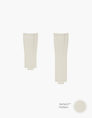 beige vertech FKM Rubber watch Strap from Wristbuddys with an Integrated with Original Clasp for Rolex on a white background and material pattern showing