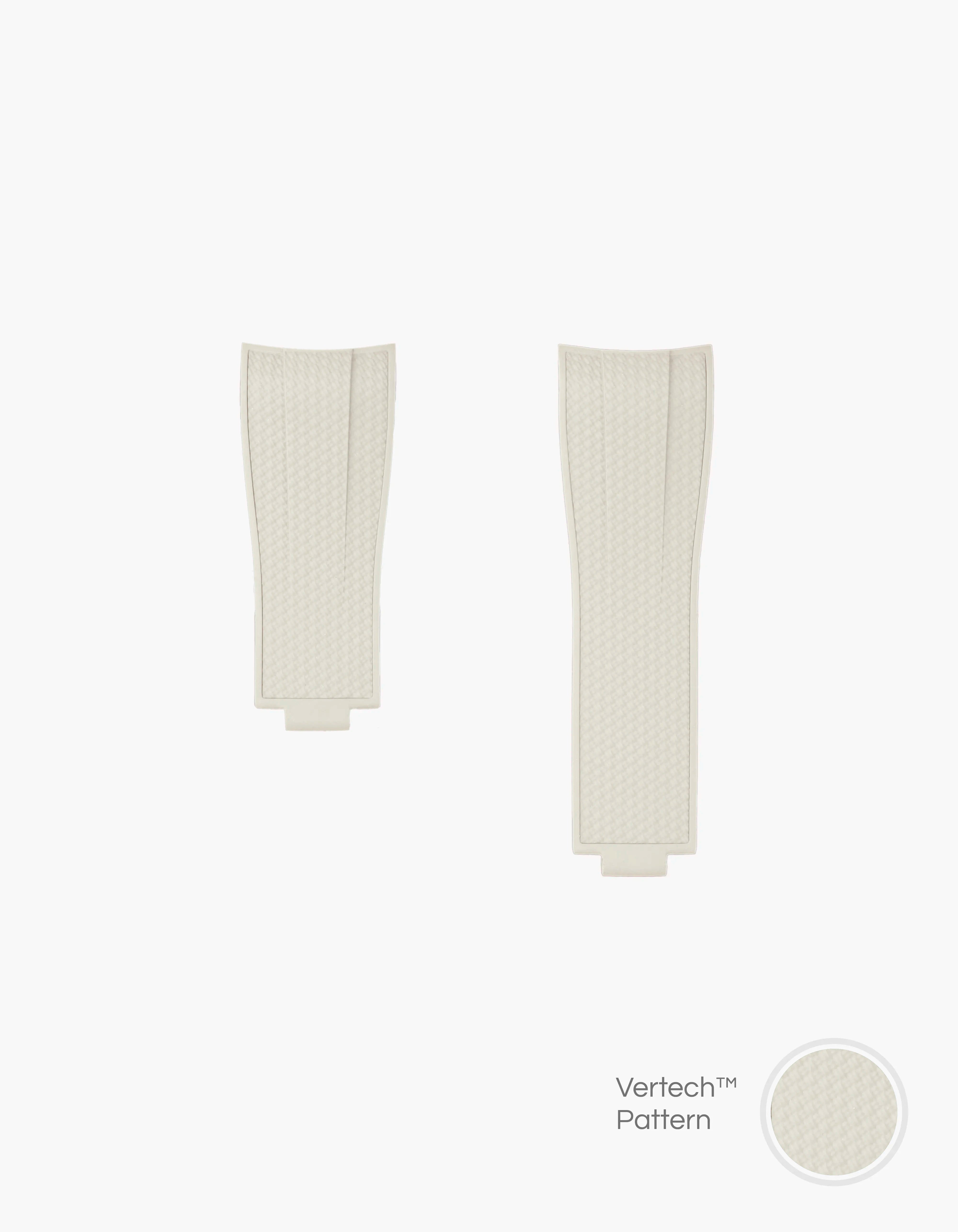 beige vertech FKM Rubber watch Strap from Wristbuddys with an Integrated with Original Clasp for Rolex on a white background and material pattern showing
