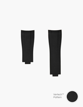 Black vertech FKM Rubber watch Strap from Wristbuddys with an Integrated with Original Clasp for Rolex on a white background and material pattern showing