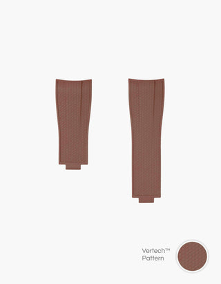 brown vertech FKM Rubber watch Strap from Wristbuddys with an Integrated with Original Clasp for Rolex on a white background and material pattern showing