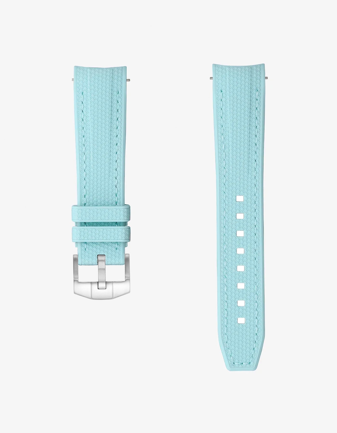 Light blue watch strap with silver buckle on a white background