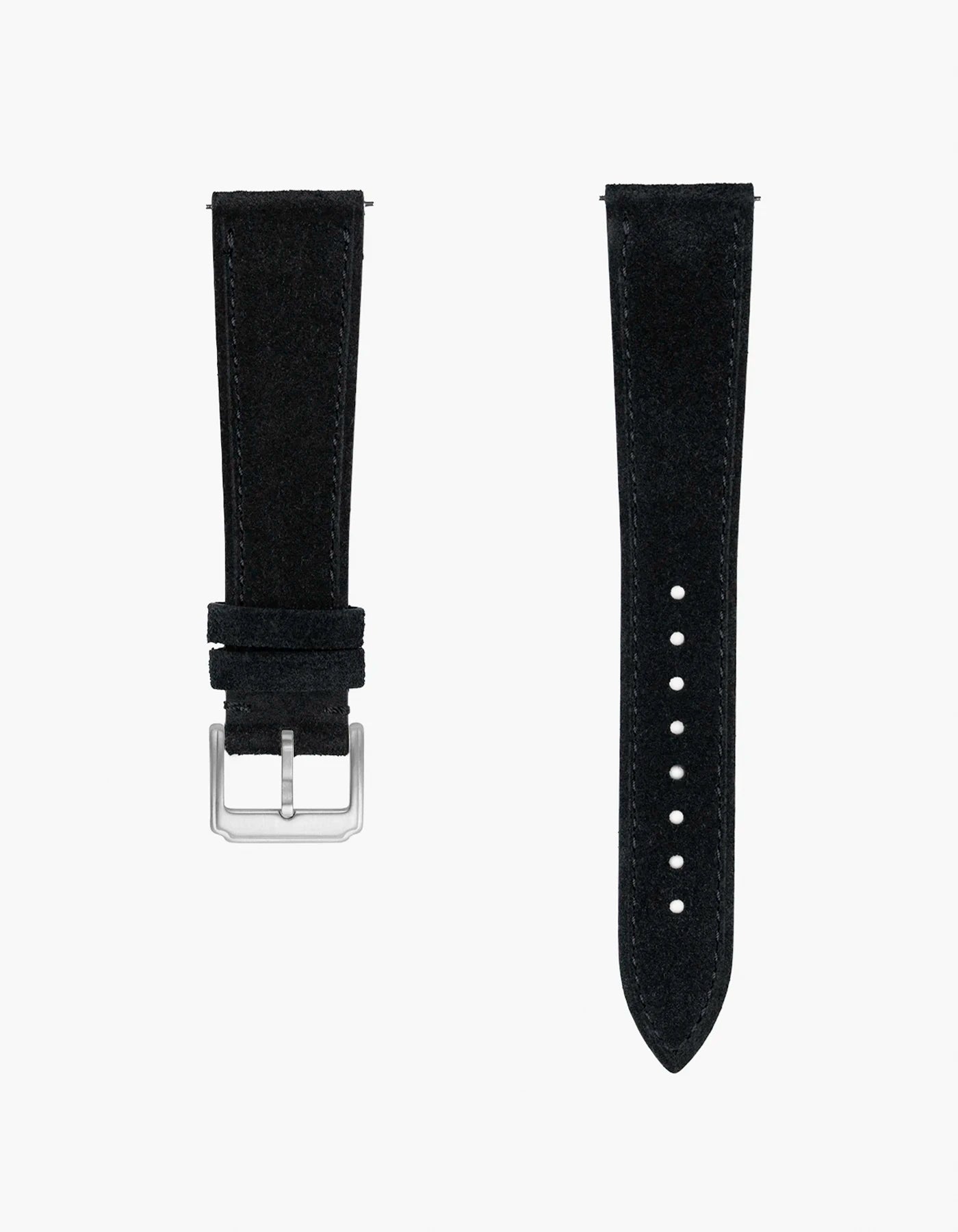 Black suede watch strap with silver buckle on a white background