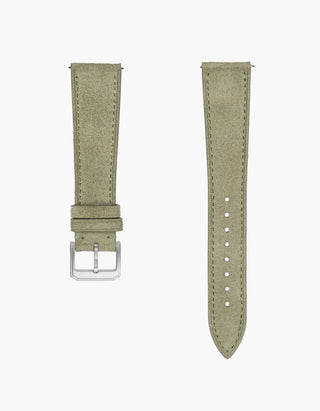 herb green Suede  wristbuddys leather watch strap with silver buckle on a white background