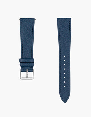 Navy BLue Epsom Leather watch strap from Wristbuddys with silver clasp on a white background