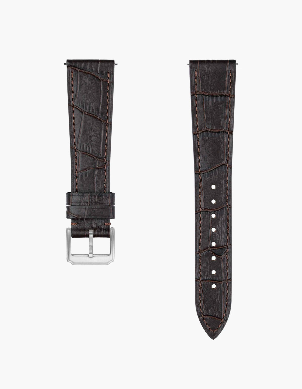 Dark Brown leather watch strap with silver buckle on a white background