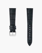 Black crocodile-patterned watch strap with silver buckle on a white background