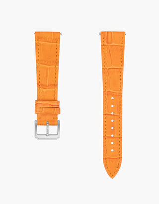 Orange crocodile-patterned watch strap with silver buckle on a white background