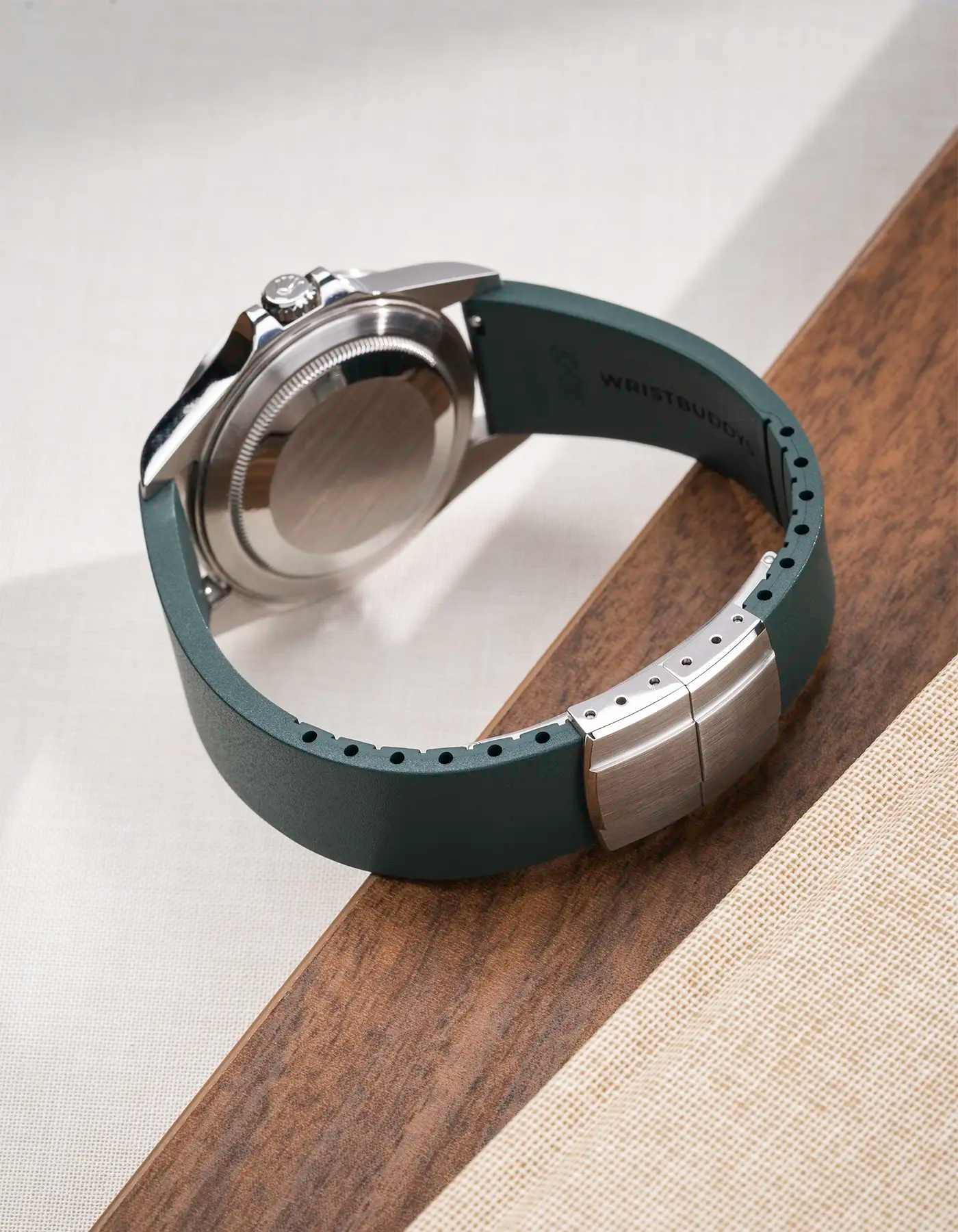 Green CTS FKM Rubber Strap 19-22mm lying flat to show the clasp closed