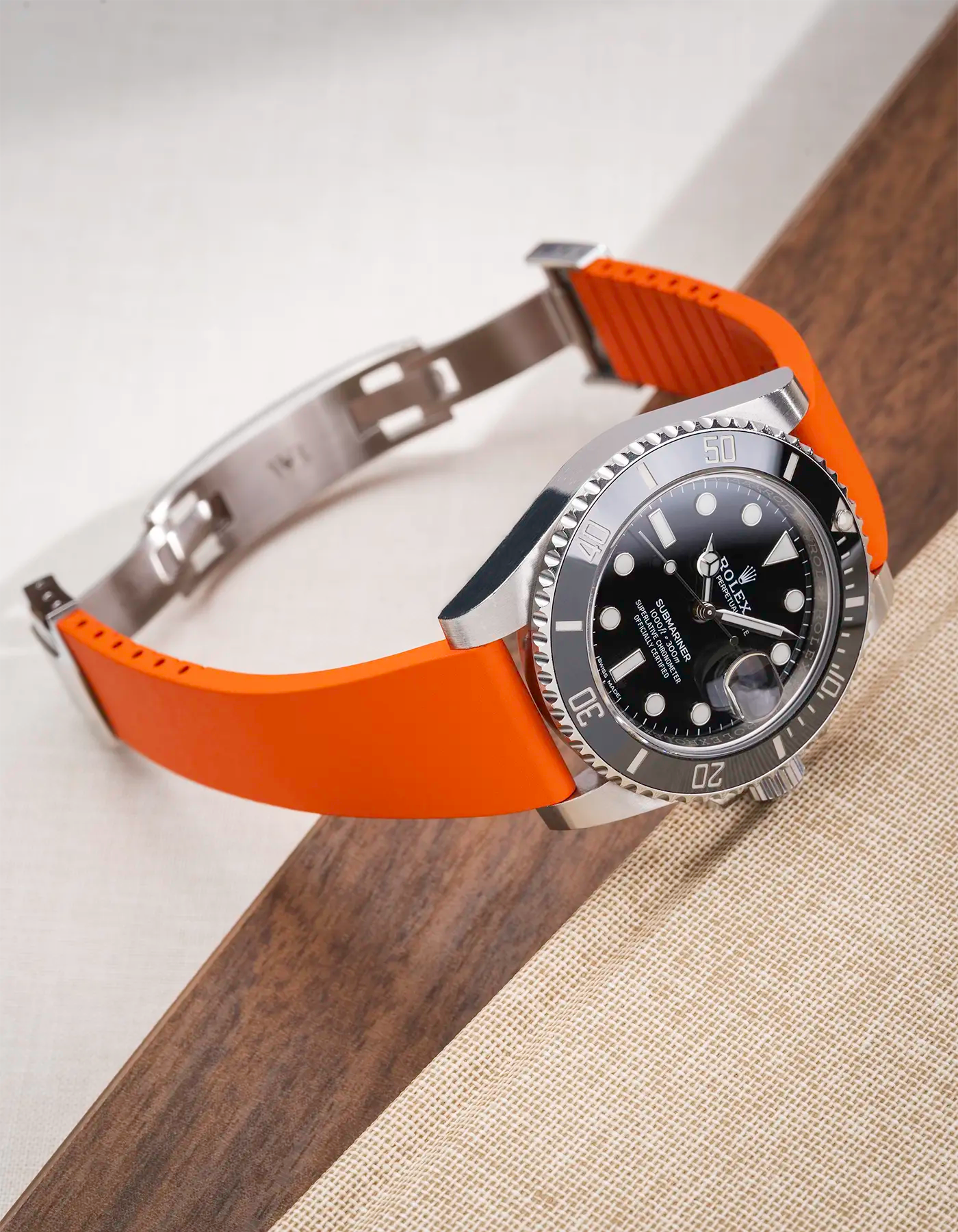  Orange CTS FKM Rubber Strap 19-22mm showing fit on watch and opened clasp