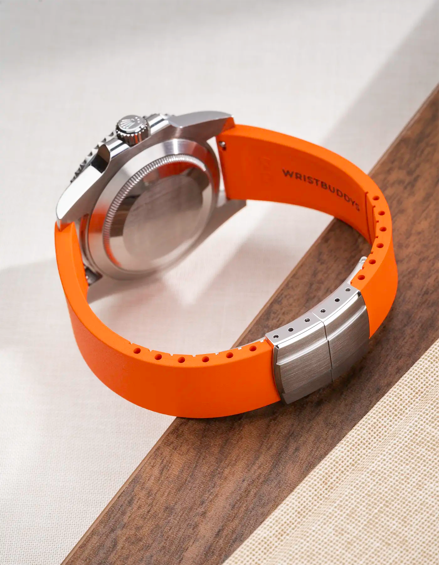 orange CTS FKM Rubber Strap 19-22mm showing fit and closed clasp