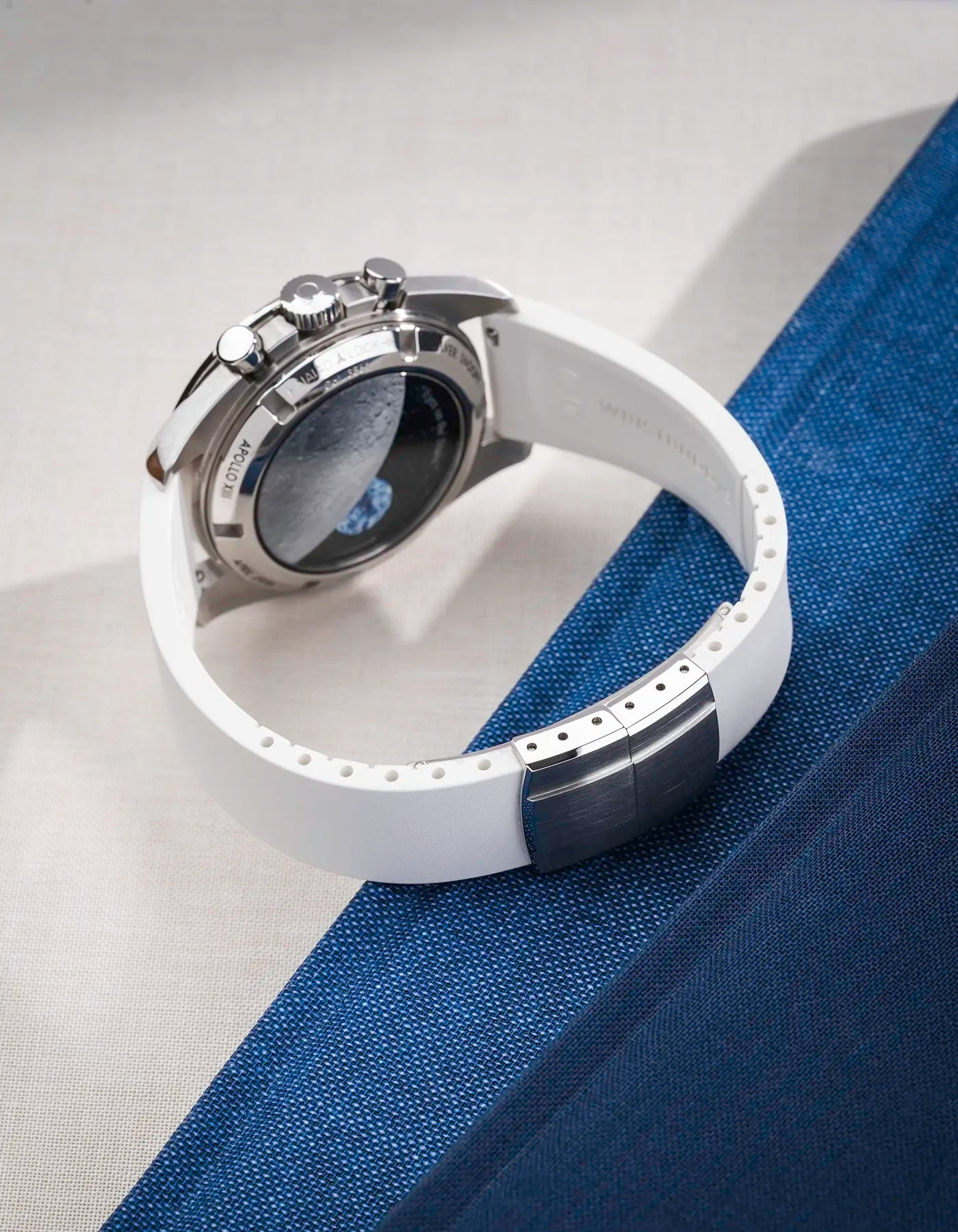 Back of a white CTS FKM Rubber Strap 19-22mm showing the strap with the clasp closed