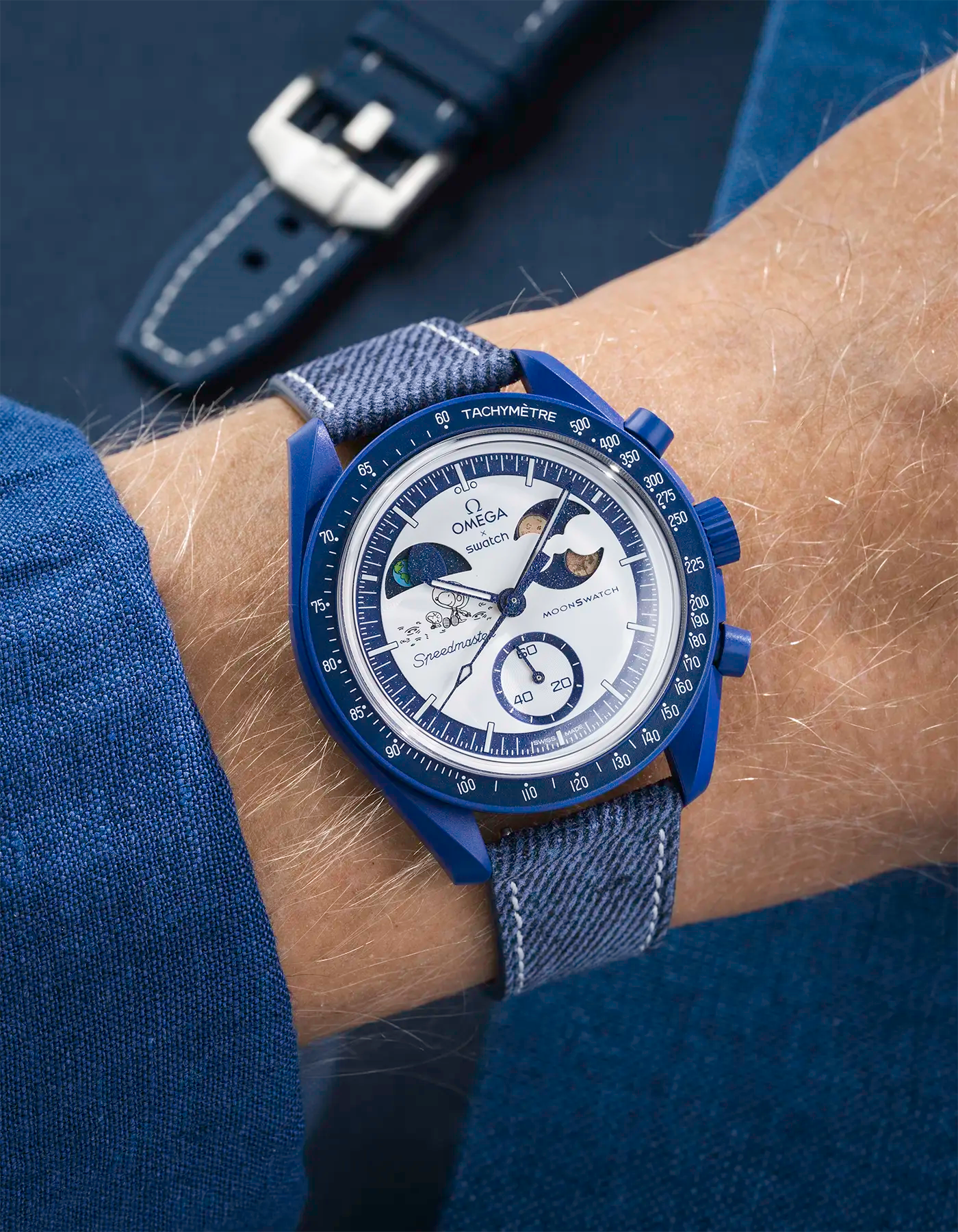 Blue denim leather Straps for MoonSwatch Mission To Earthphase - Moonshine Gold - wrist shot