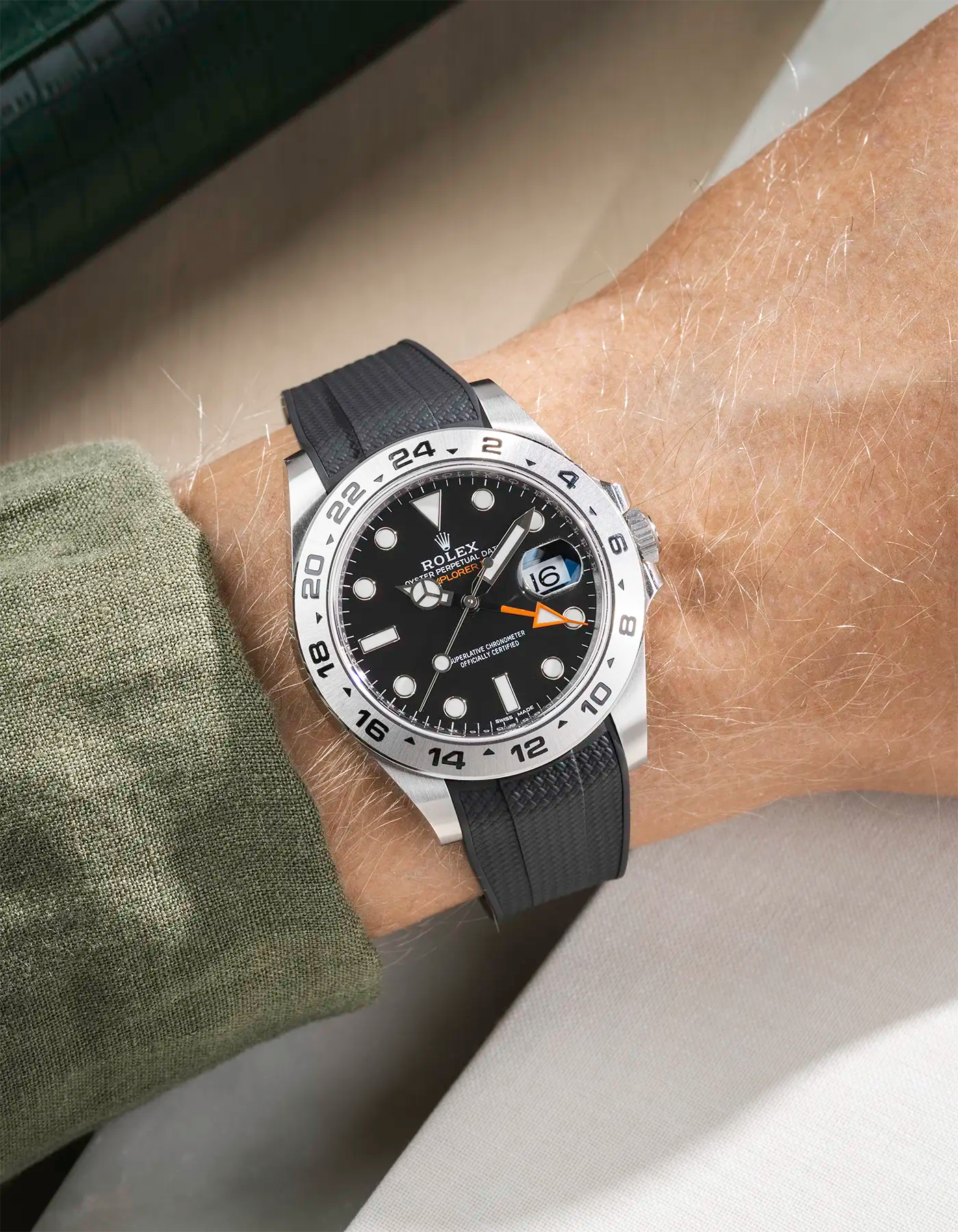 Wrist shot on Vertech FKM Rubber Strap in black with Integrated Original Clasp - Rolex Explorer 216570 on beige background