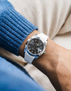 White integrated FKM rubber strap with original clasp on Rolex Datejust 41 126300 smooth bezel grey dial wrist shot