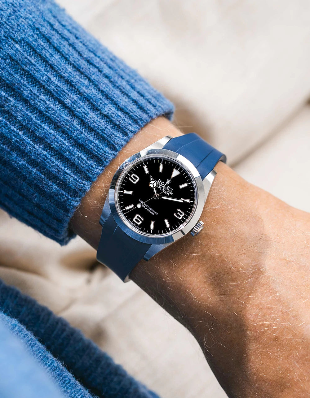 Navy blue integrated FKM rubber strap with original clasp on Rolex Explorer 40 224270 black dial wrist shot