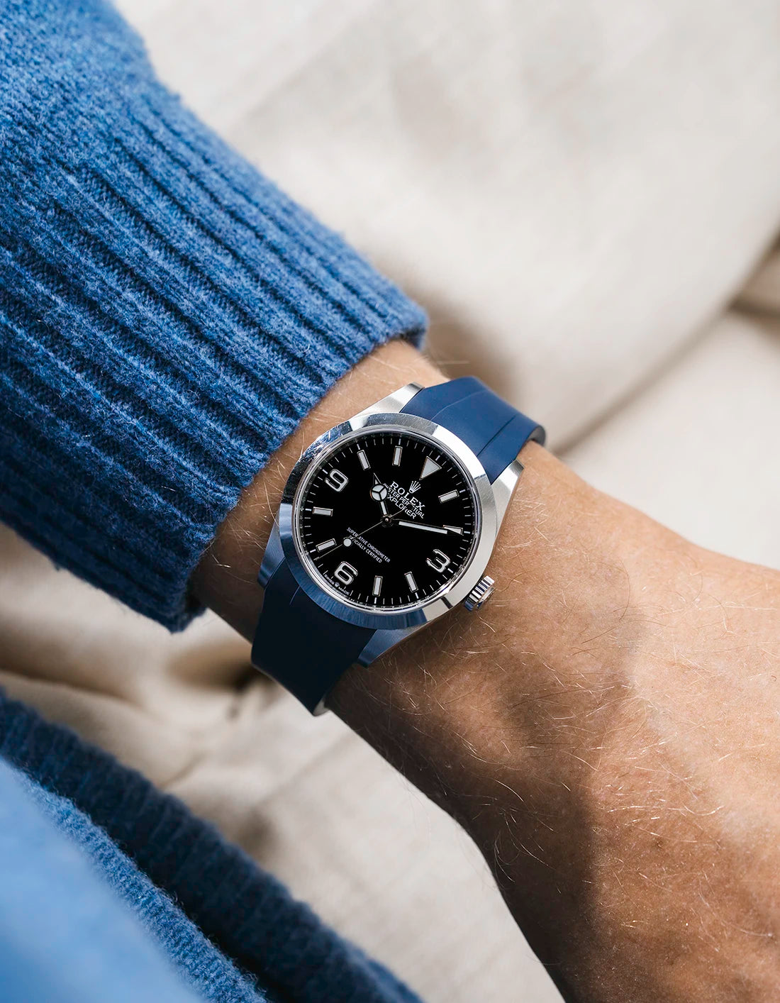 Navy blue integrated FKM rubber strap with original clasp on Rolex Explorer 40 224270 black dial wrist shot