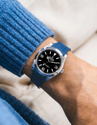 Navy blue integrated FKM rubber strap with original clasp on Rolex Explorer 40 224270 black dial wrist shot