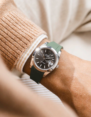 Green integrated FKM rubber strap with original clasp on Rolex Datejust 41 126300 smooth bezel grey dial wrist shot