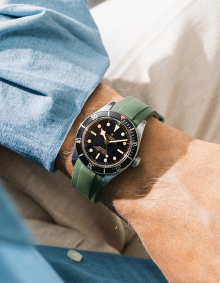 Wristbuddys sage green rubber strap on Tudor Black Bay 58 Black — wrist lifestyle shot