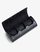 Interior of the 3 Slot Watch Roll in Black with soft suede lining and compartments for three watches