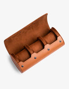 Interior of the 3 Slot Watch Roll in Brown with smooth suede lining and compartments for three watches.