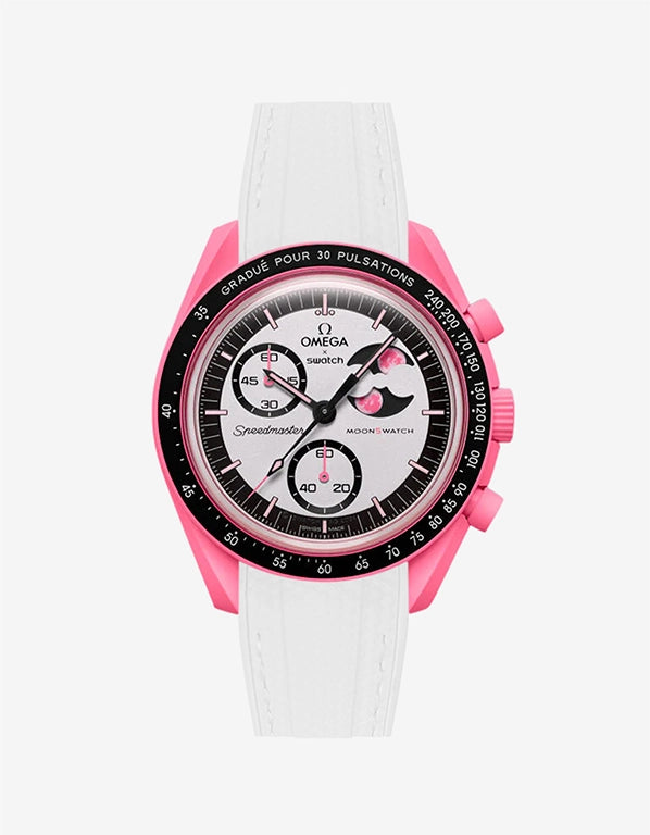 White rubber strap on Omega x Swatch MoonSwatch Mission to the Pink Moonphase