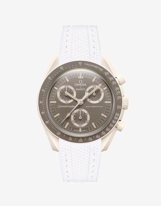 White rubber watch strap for the Omega x Swatch MoonSwatch Mission on Earth – Desert, shown fitted on the watch