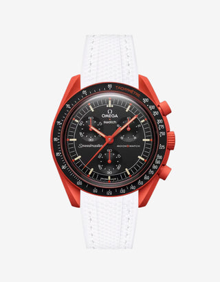White rubber watch strap for the Omega x Swatch MoonSwatch Mission on Earth – Lava, shown fitted on the watch