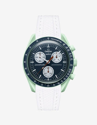 White rubber watch strap for the Omega x Swatch MoonSwatch Mission on Earth, shown fitted on the watch