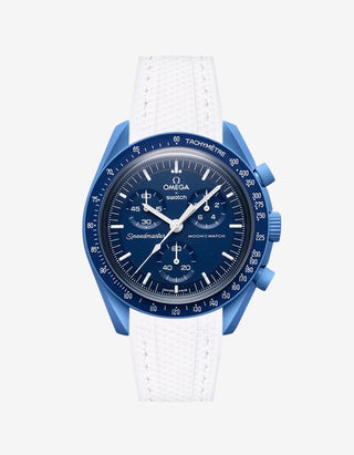 White rubber watch strap for the Omega x Swatch MoonSwatch Mission to Neptune, shown fitted on the watch