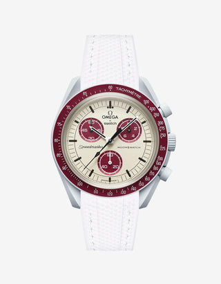 White rubber watch strap for the Omega x Swatch MoonSwatch Mission to Pluto, shown fitted on the watch