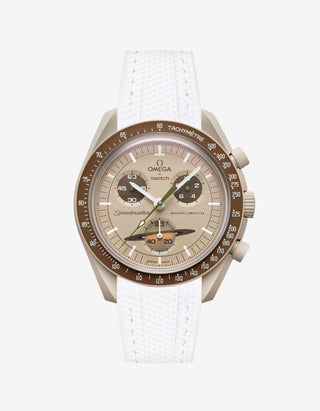 White rubber watch strap for the Omega x Swatch MoonSwatch Mission to Saturn, shown fitted on the watch