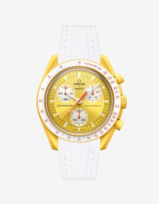 White rubber watch strap for the Omega x Swatch MoonSwatch Mission to the Sun, shown fitted on the watch
