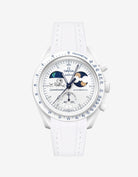 White rubber strap on Moonswatch Moonshine Gold Cold Moon watch