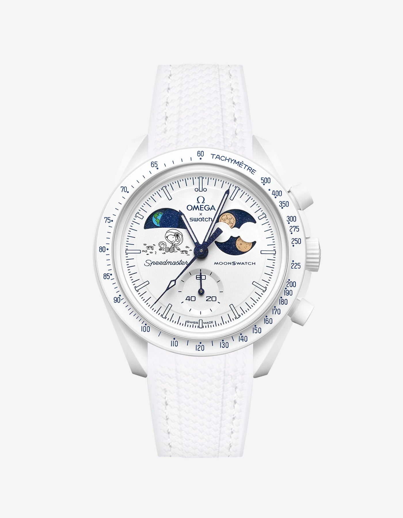 White rubber strap on Moonswatch Moonshine Gold Cold Moon watch