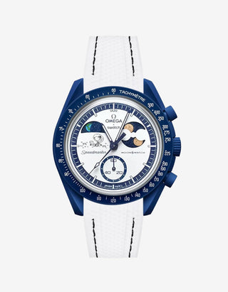 White rubber strap with black stitching designed for the Omega x Swatch MoonSwatch Mission to Earthphase Moonshine Gold