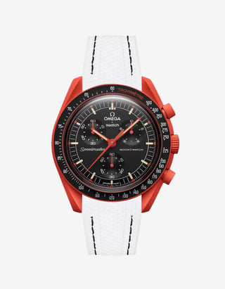 White rubber watch strap with black stitching for the Omega x Swatch MoonSwatch Mission on Earth – Lava, shown fitted on the watch