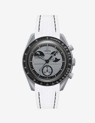 White rubber strap with black stitching designed for the Omega x Swatch MoonSwatch Mission to Earthphase