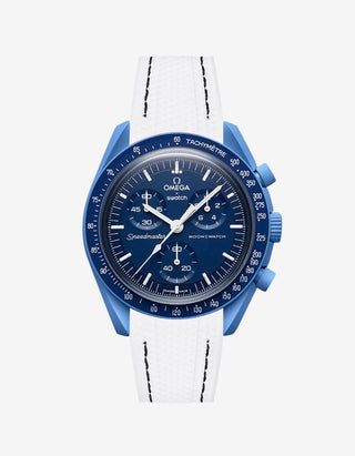 White rubber watch strap with black stitching for the Omega x Swatch MoonSwatch Mission to Neptune, shown fitted on the watch