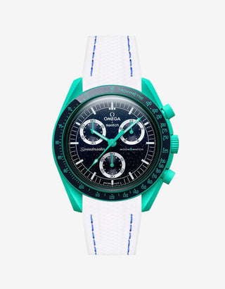 White rubber watch strap with blue stitching for the Omega x Swatch MoonSwatch Mission on Earth – Polar Lights, shown fitted on the watch