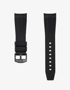 Black FKM tudor rubber watch strap with premium steel buckle on a light gray background