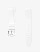 White FKM tudor rubber watch strap with premium steel buckle on a light gray background