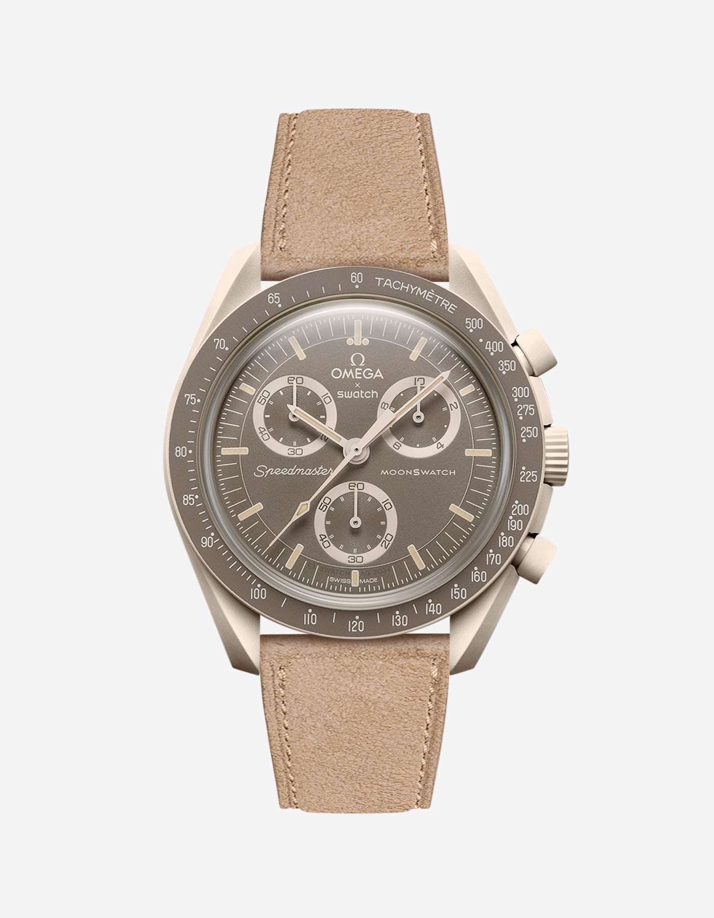 Omega X Swatch Mission on Earth – Desert with Beige suede leather strap mounted – front view