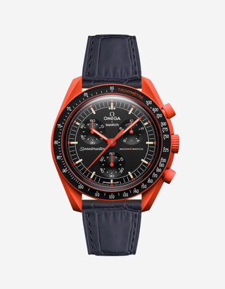 Black embossed alligator leather strap on Omega X Swatch MoonSwatch Mission on Earth Lava Watch