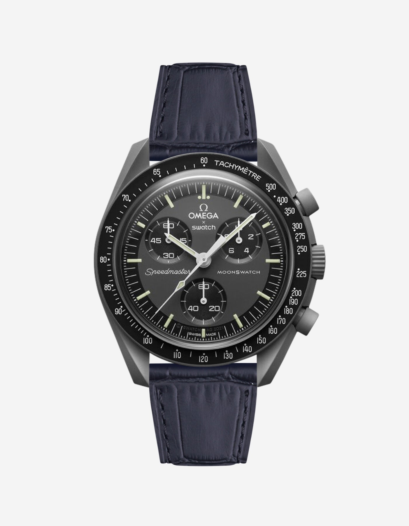 Black embossed alligator leather strap on Omega X Swatch MoonSwatch Mission to Mercury watch