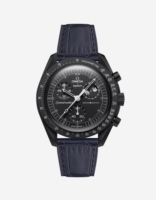 Black embossed alligator leather strap on Omega X Swatch MoonSwatch Mission to the Moonphase New Moon Watch