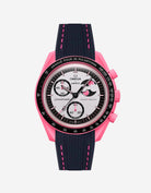 Watch with pink stitches and black strap on a white background